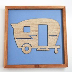 Wood RV/ Camper Cut Out on Blue Background and Natural Wood Frame